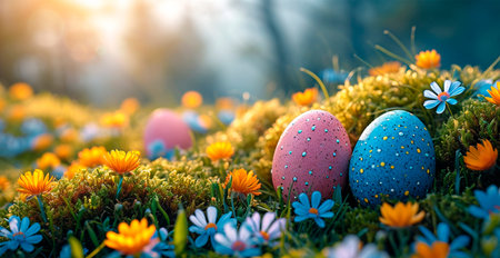 Easter eggs in the grass, holy holiday of Easter AI generated image