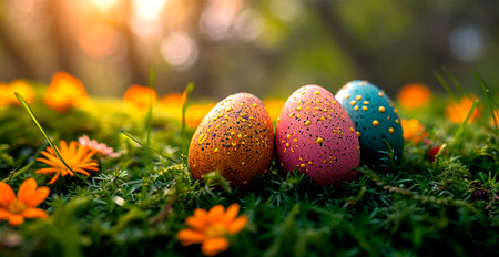 Easter eggs in the grass, holy holiday of Easter AI generated image