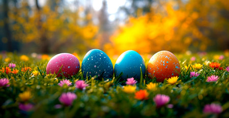 Easter eggs in the grass, holy holiday of Easter AI generated imageの写真素材