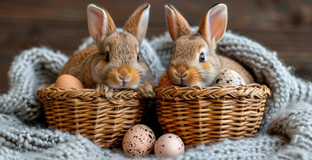 Easter bunny with a basket of Easter eggs, holy holiday of Easter AI generated imageの写真素材