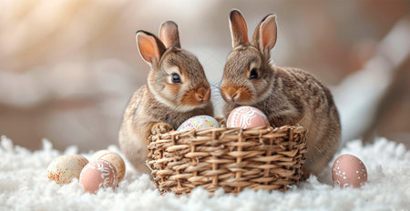 Easter bunny with a basket of Easter eggs, holy holiday of Easter AI generated imageの写真素材