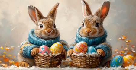 Easter bunny with a basket of Easter eggs, holy holiday of Easter AI generated imageの写真素材