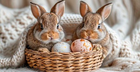 Easter bunny with a basket of Easter eggs, holy holiday of Easter AI generated imageの写真素材