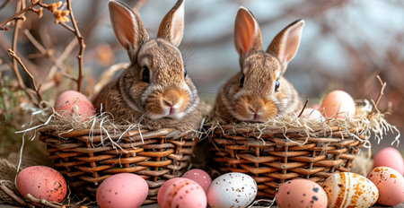 Easter bunny with a basket of Easter eggs, holy holiday of Easter AI generated image