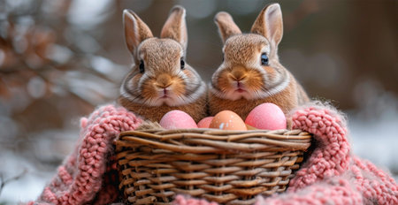 Easter bunny with a basket of Easter eggs, holy holiday of Easter AI generated image
