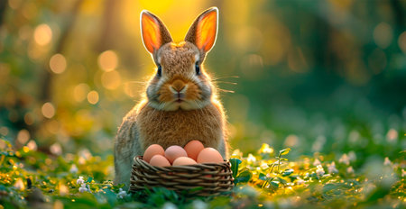 Easter bunny with a basket of Easter eggs, holy holiday of Easter AI generated image
