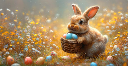 Easter bunny with a basket of Easter eggs, holy holiday of Easter AI generated image