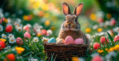 Easter bunny with a basket of Easter eggs, holy holiday of Easter AI generated image
