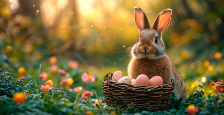 Easter bunny with a basket of Easter eggs, holy holiday of Easter AI generated image