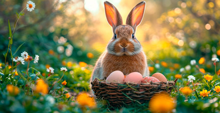 Easter bunny with a basket of Easter eggs, holy holiday of Easter AI generated image