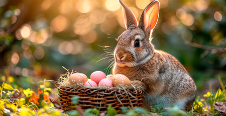 Easter bunny with a basket of Easter eggs, holy holiday of Easter AI generated image