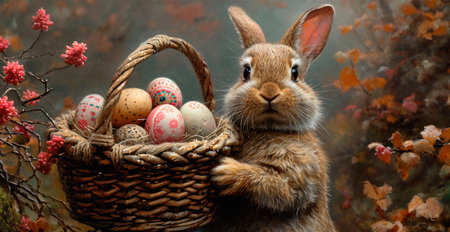 Easter bunny with a basket of Easter eggs, holy holiday of Easter AI generated image
