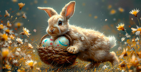 Easter bunny with a basket of Easter eggs, holy holiday of Easter AI generated image