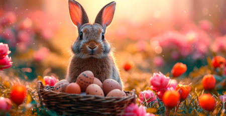 Easter bunny with a basket of Easter eggs, holy holiday of Easter AI generated image