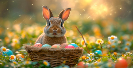 Easter bunny with a basket of Easter eggs, holy holiday of Easter AI generated image