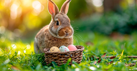 Easter bunny with a basket of Easter eggs, holy holiday of Easter AI generated image