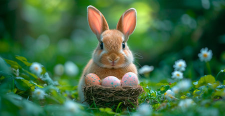 Easter bunny with a basket of Easter eggs, holy holiday of Easter AI generated image