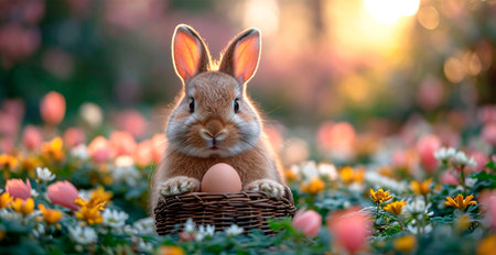Easter bunny with a basket of Easter eggs, holy holiday of Easter AI generated image