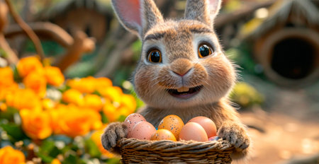 Easter bunny with a basket of Easter eggs, holy holiday of Easter AI generated image