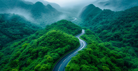 Mountain road, winding serpentines through the forest - AI generated imageの写真素材