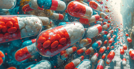 Pharmaceutical drug, medicine in health container. Pharmacy theme, capsule tablets antibiotics AI...