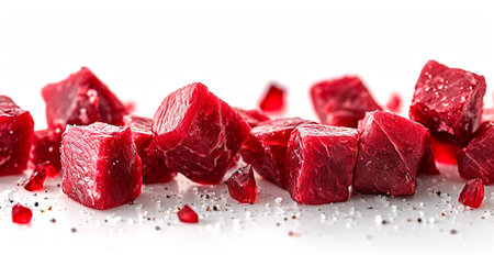 Pieces of raw beef. Set of fresh beef cubes isolated on white background AI generated imageの写真素材
