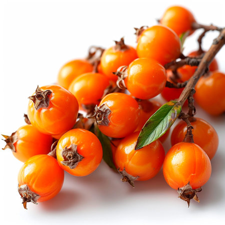 Sea buckthorn with leaves on a white isolated background. Berries close up AI generated image
