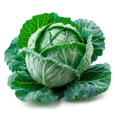 Heads of young cabbage with leaves close-up. Eco food concept, white isolated background AI...