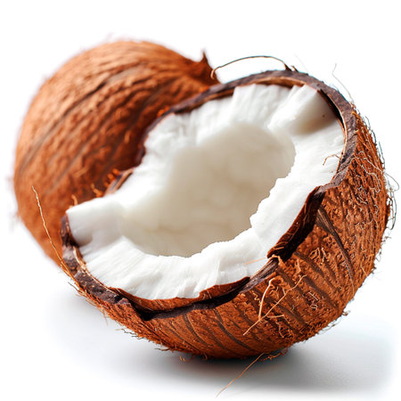 Ripe coconut, coconut pulp, coconut juice, isolated white background AI generated image