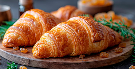 Freshly baked French Parisian croissants on white isolated background AI generated imageの写真素材