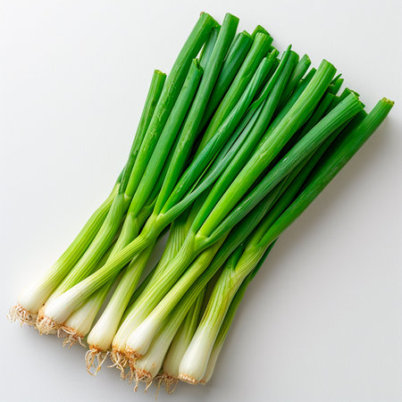 Fresh onion stems on white isolated background AI generated imageの写真素材