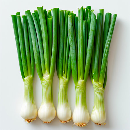 Fresh onion stems on white isolated background AI generated imageの写真素材