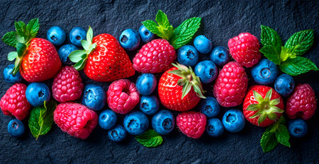 Fresh strawberries and blueberries AI generated imageの写真素材