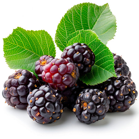 Ripe and tasty black mulberries on a white isolated background AI generated image