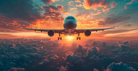 A commercial civil aircraft flies above the clouds in the bright sun. Travel and transport concept...