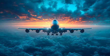 A commercial civil aircraft flies above the clouds in the bright sun. Travel and transport concept...