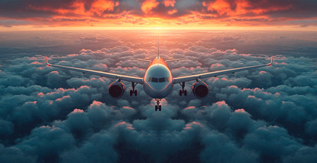 A commercial civil aircraft flies above the clouds in the bright sun. Travel and transport concept...