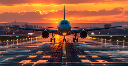 A commercial civil aircraft lands on the runway at the airport. Travel and transport concept AI...