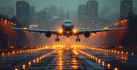 A commercial civil aircraft lands on the runway at the airport. Travel and transport concept AI generated imageの写真素材