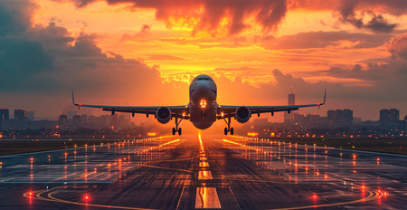 A commercial civil aircraft lands on the runway at the airport. Travel and transport concept AI...