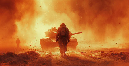 Military armored tank, soldier tanker on the battlefield, military conflict AI generated image