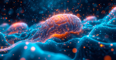 Activity of neurons and synapses. Neural connections in the brain, axons. Electrical impulses...