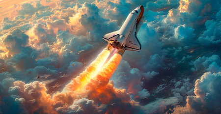 Launching a NASA spacecraft into space from Earth. Rocket flying to Mars, Moon, ISS AI generated imageの写真素材