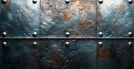 Aviation aluminum, metal rivets, brutal panoramic old background texture template AI generated imageの写真素材