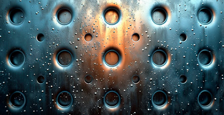 Steel circular shine on metal sheet, panoramic industrial iron texture AI generated imageの写真素材