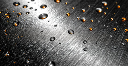 Water drops on metal on silver metal sheet, panoramic industrial iron texture AI generated imageの写真素材