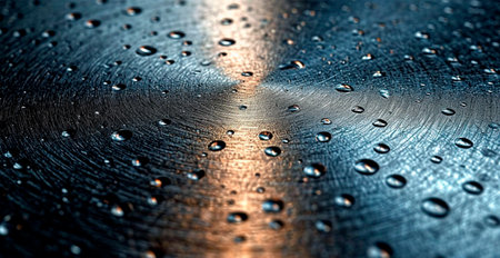 Water drops on metal on silver metal sheet, panoramic industrial iron texture AI generated imageの写真素材