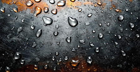 Water drops on metal on silver metal sheet, panoramic industrial iron texture AI generated imageの写真素材