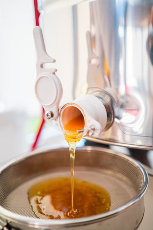 Tasty Golden Honey Flowing Out of a Barrel During Honey Harvestingの写真素材