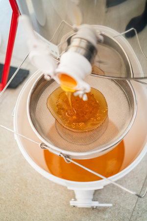 Honey Flowing Out of the Extractor Barrel Getting Filtered by a Sieveの写真素材